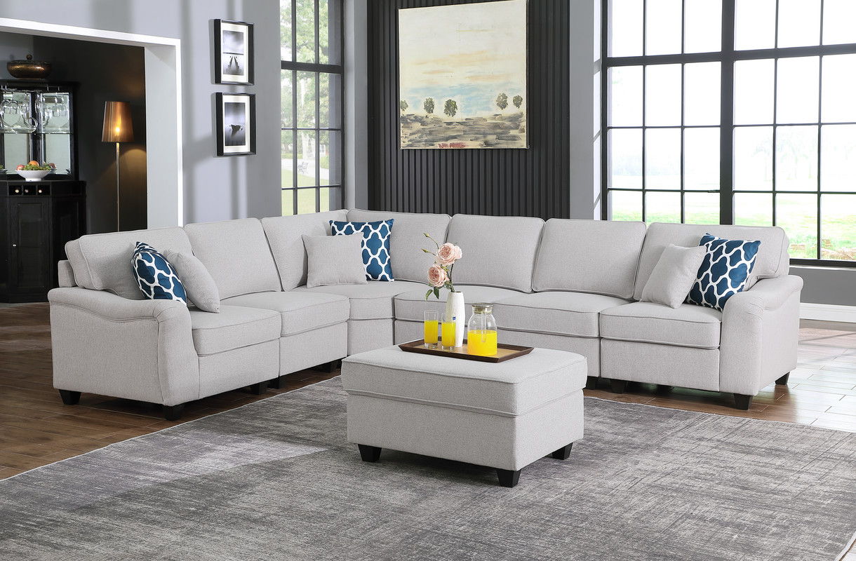 Leo Comfor Modular Sofa And Ottoman, light gray 2-piece set by HouseOfZazla with blue cushions on Tampa Home & Garden Store