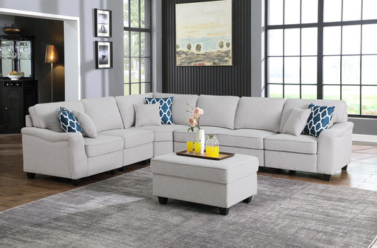 Leo Comfor Modular Sofa And Ottoman, light gray 2-piece set by HouseOfZazla with blue cushions on Tampa Home & Garden Store