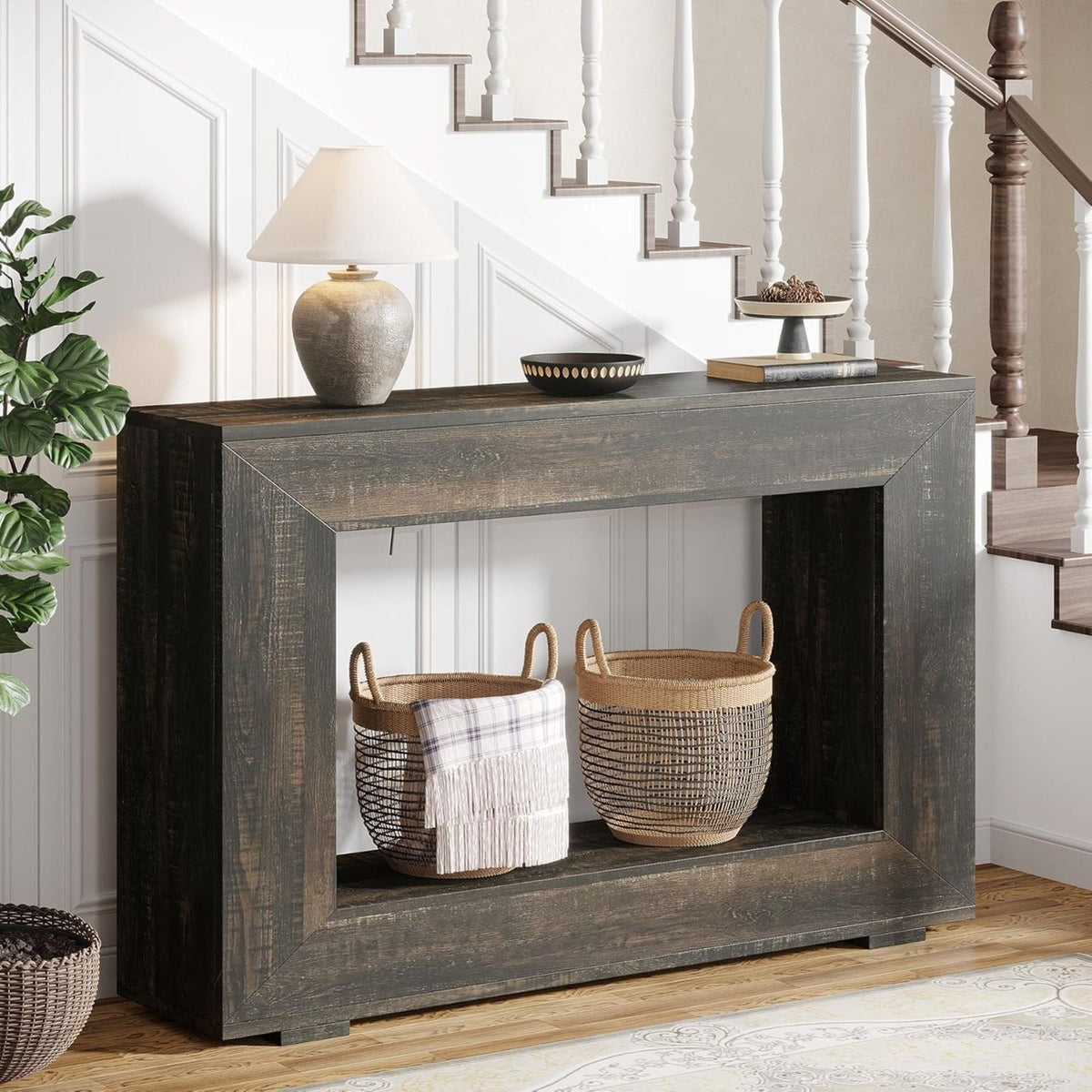 Narrow entryway storage console table with open shelf in dark brown finish on Tampa Home & Garden Store