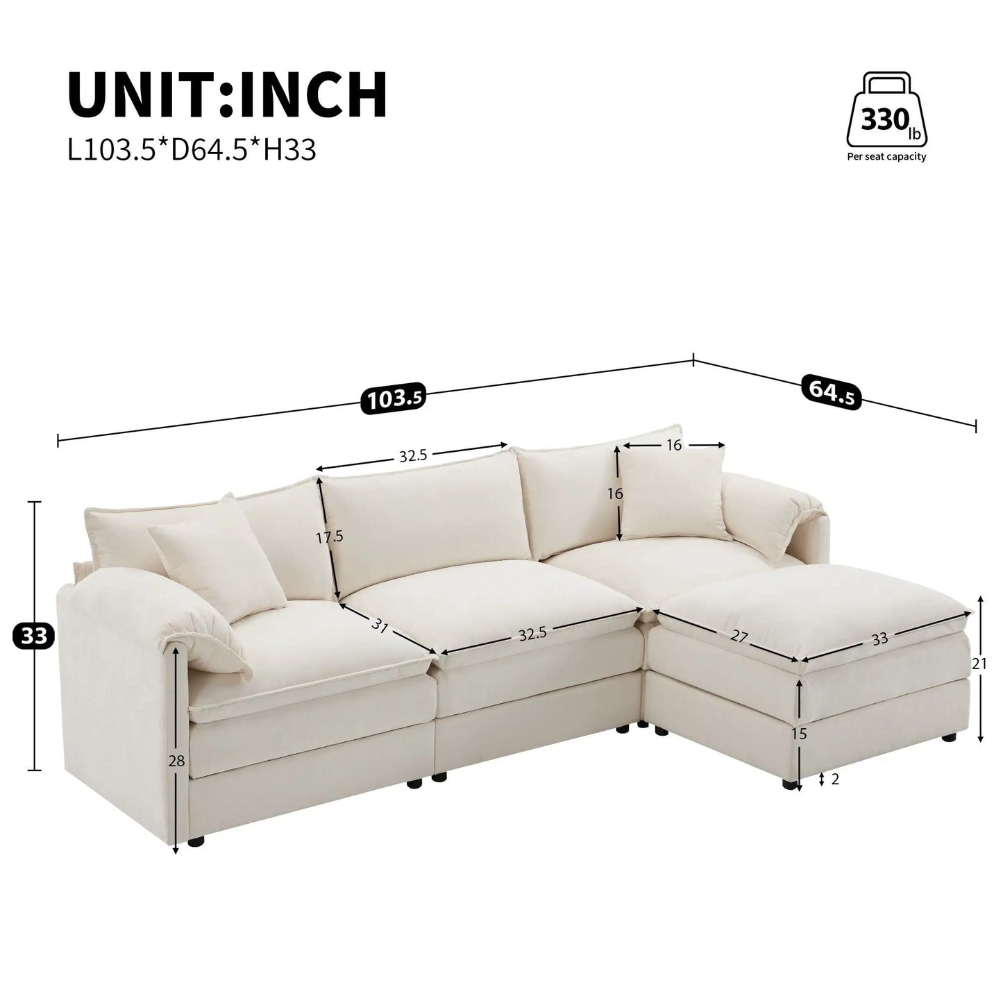 Modular sectional sofa with deep wide seats and movable ottoman in cream fabric on Tampa Home & Garden Store