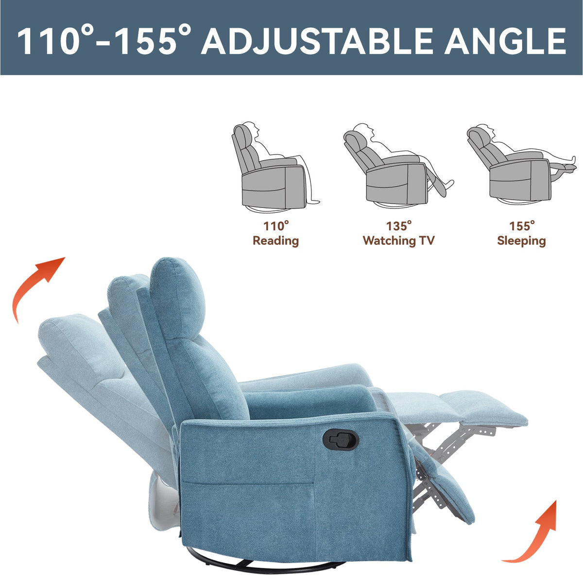 Heat massage manual recliner chair in blue fabric with rocker and swivel by HouseOfZazla on Tampa Home & Garden Store
