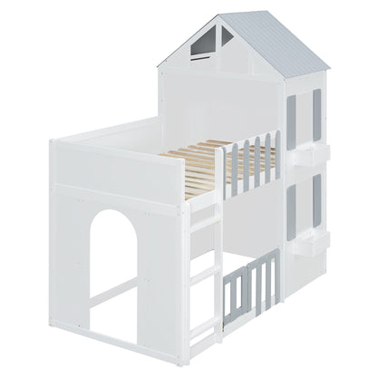 Twin Over Twin House Bunk Bed by HouseOfZazla, white finish with house-roof top and ladder on Tampa Home & Garden Store