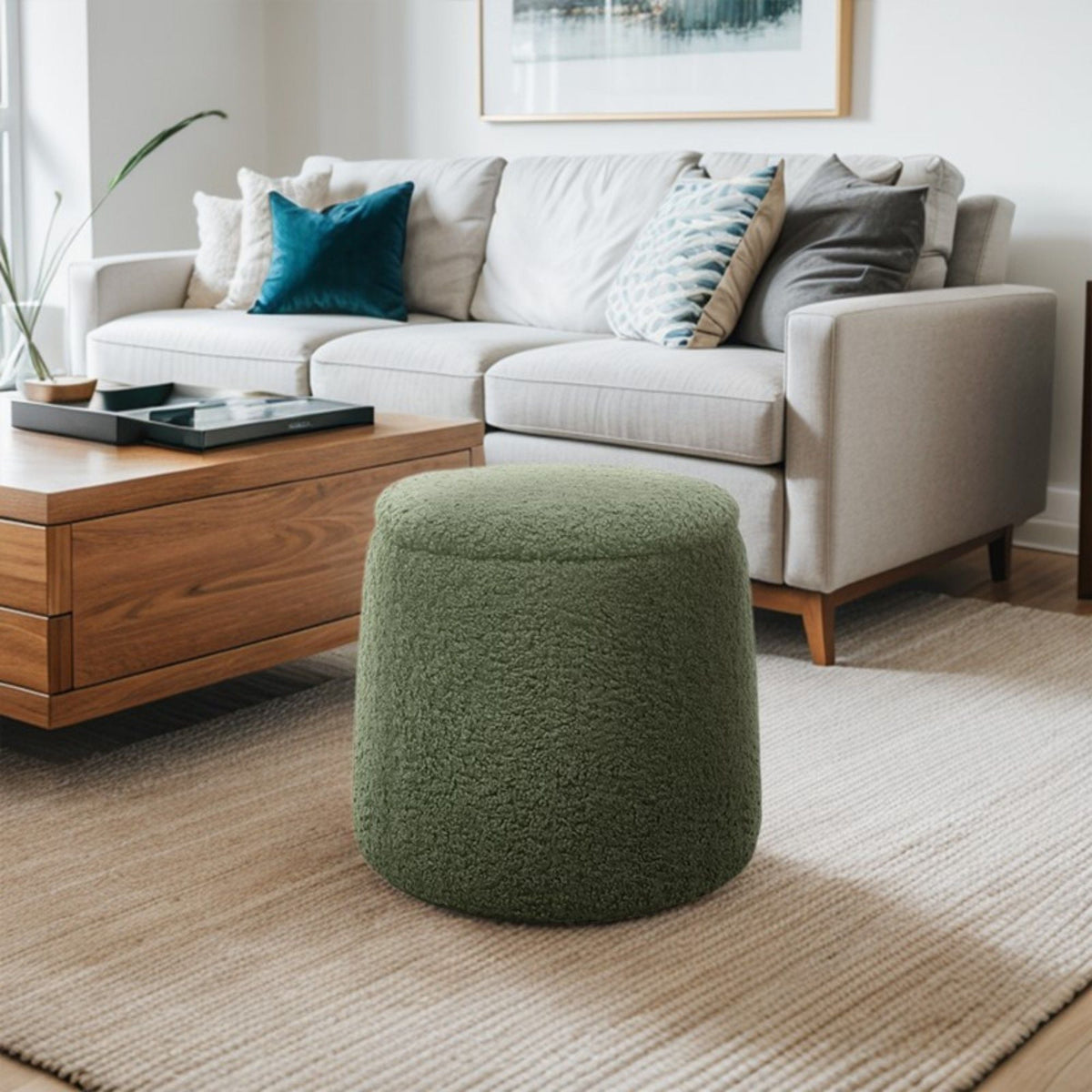 Elegant round storage ottoman in dark green textured fabric on Tampa Home & Garden Store