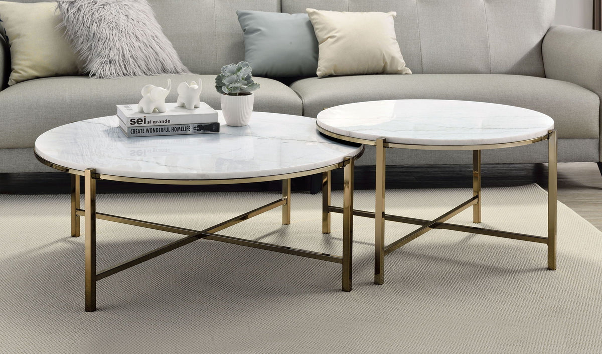 Set of two marble top nesting tables with gold frames, white finish HouseOfZazla on Tampa Home & Garden Store