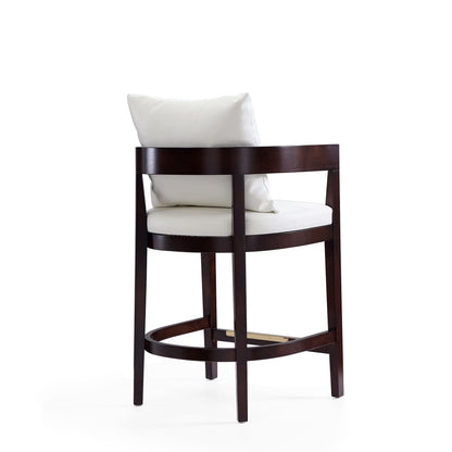 Mid-Century Modern counter height stool with white upholstered seat and back, dark wood frame on Tampa Home & Garden Store
