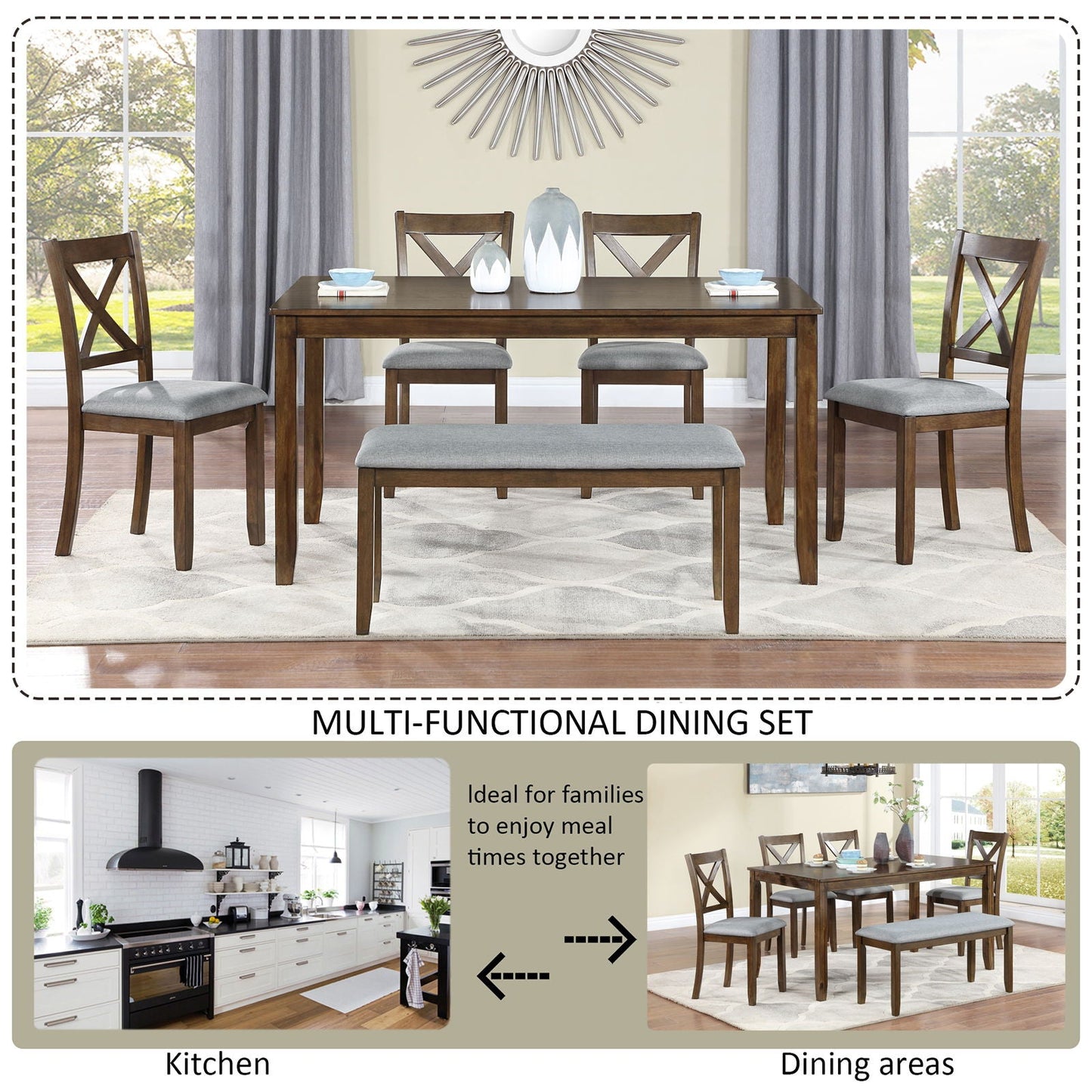Six Piece Dining Set With A Bench And Four Chairs