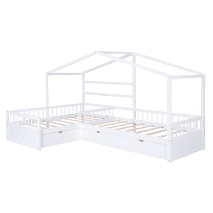 L Shape Platform Bed with 3 Storage Drawers, white metal frame by HouseOfZazla on Tampa Home & Garden Store