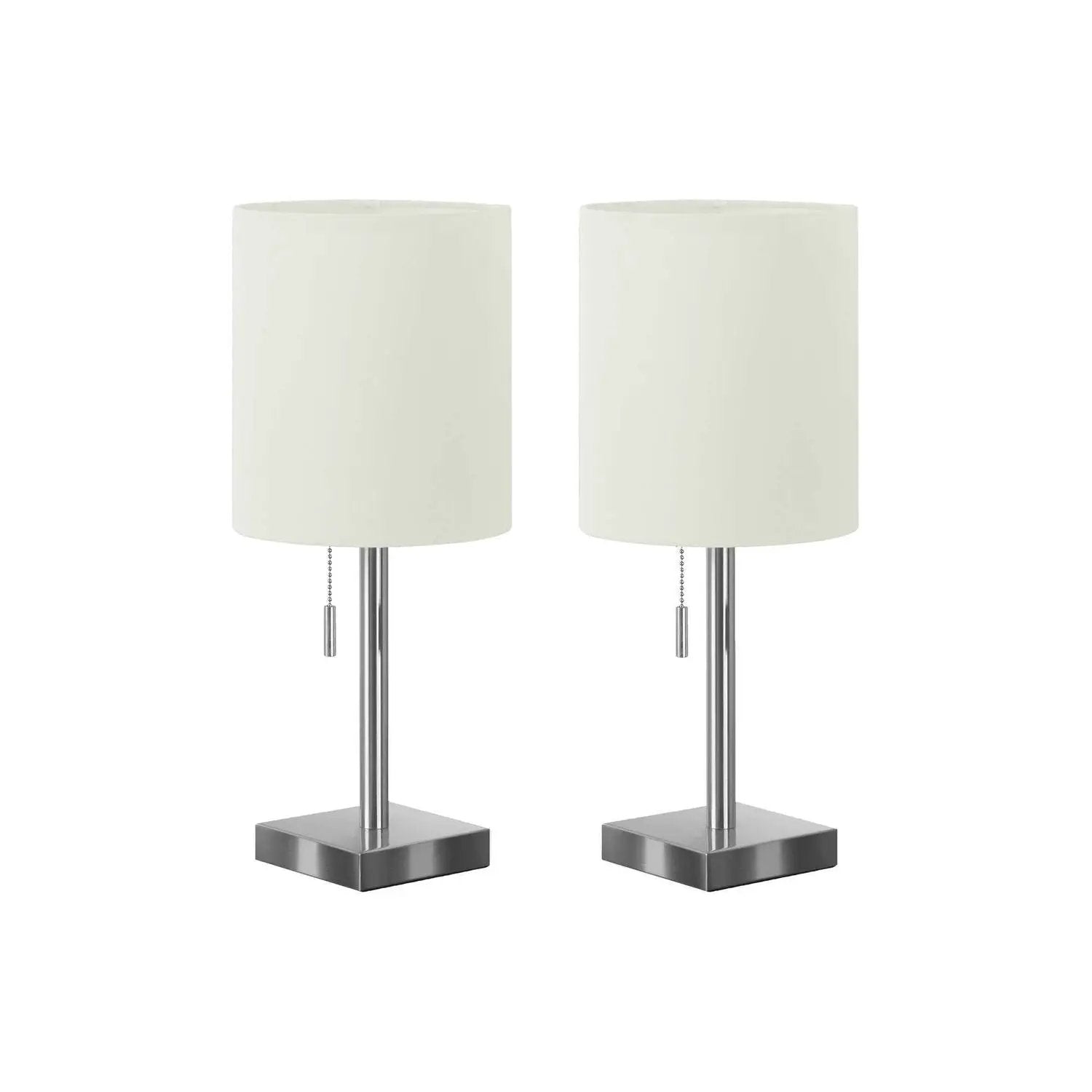 Table lamp set nickel finish with USB port included, white drum shades, pull chains (pair) on Tampa Home & Garden Store