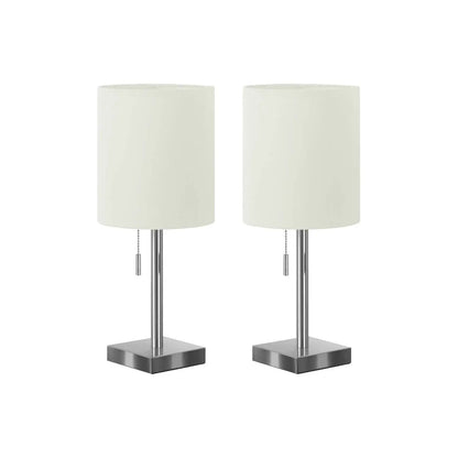Table lamp set nickel finish with USB port included, white drum shades, pull chains (pair) on Tampa Home & Garden Store