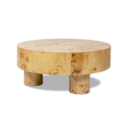 Nebula 35.5in round burl wood coffee table with warm natural finish and two pillar legs on Tampa Home & Garden Store