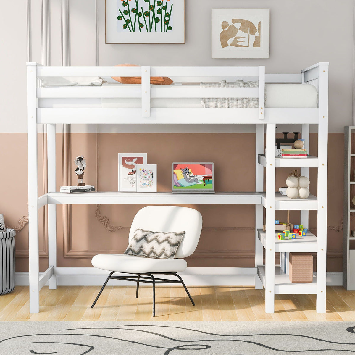 Loft bed with storage shelves and under-bed desk in white by HouseOfZazla on Tampa Home & Garden Store