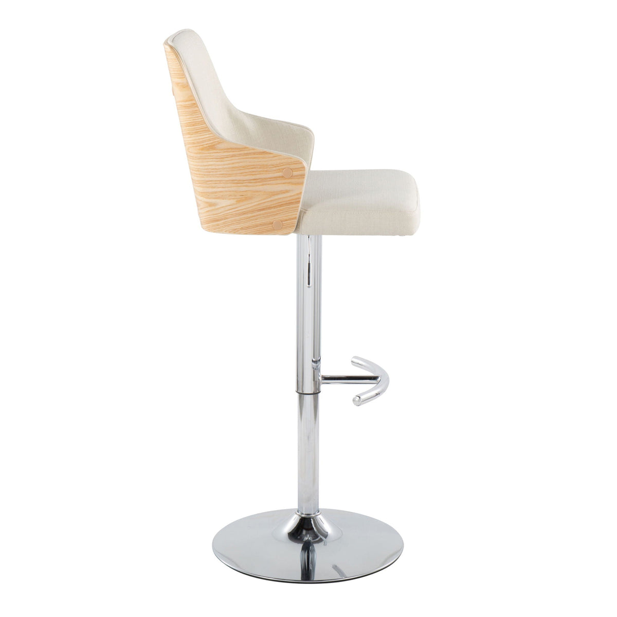 Stella adjustable beige barstool with wood shell rounded T-footrest chrome pedestal base on Tampa Home & Garden Store