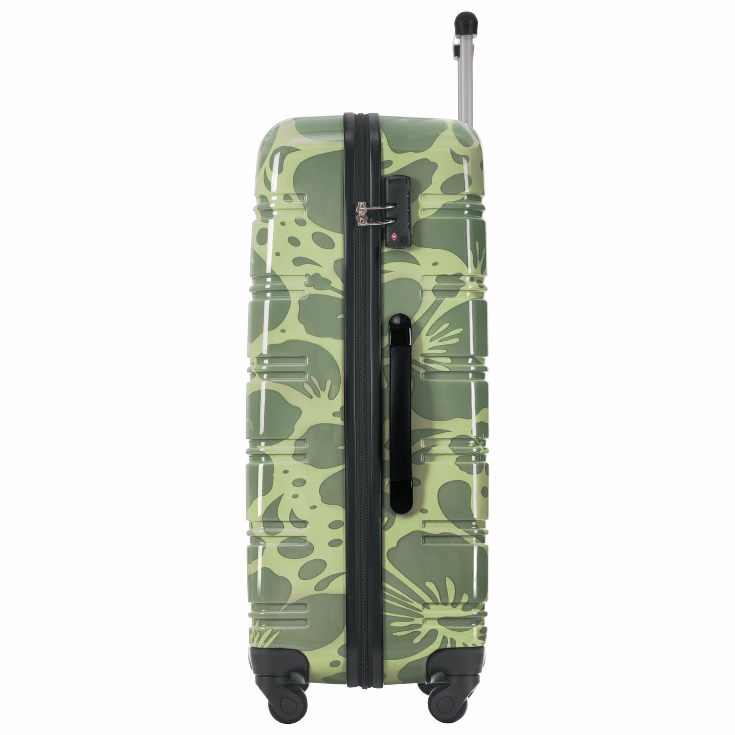 Camouflage hard-shell rolling luggage with extended black telescoping handle and four wheels on Tampa Home & Garden Store