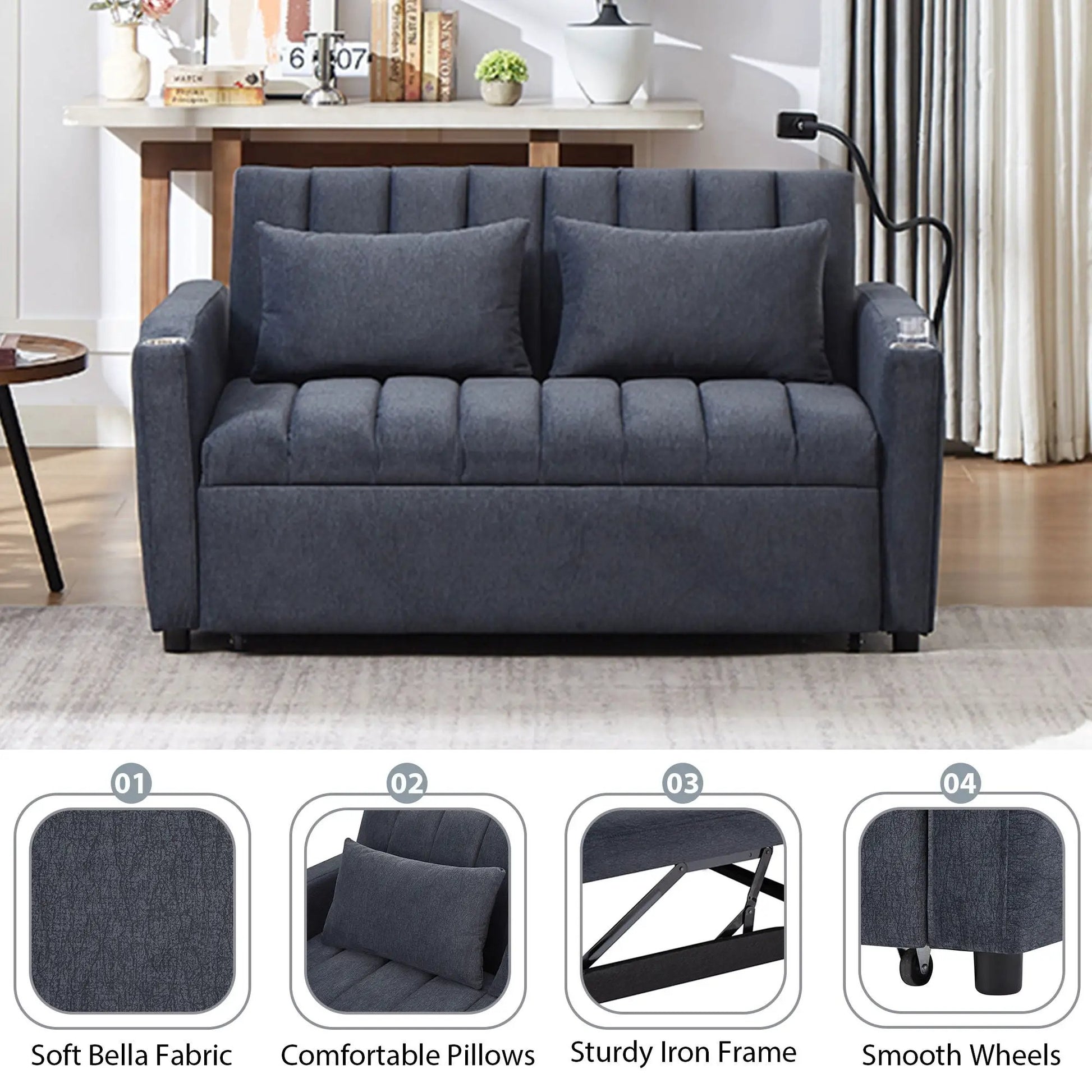 Convertible sleeper loveseat in dark blue-gray fabric with tufted cushions on Tampa Home & Garden Store