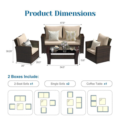 4pc modern patio set with beige cushions in dark wicker; includes loveseat and coffee table on Tampa Home & Garden Store