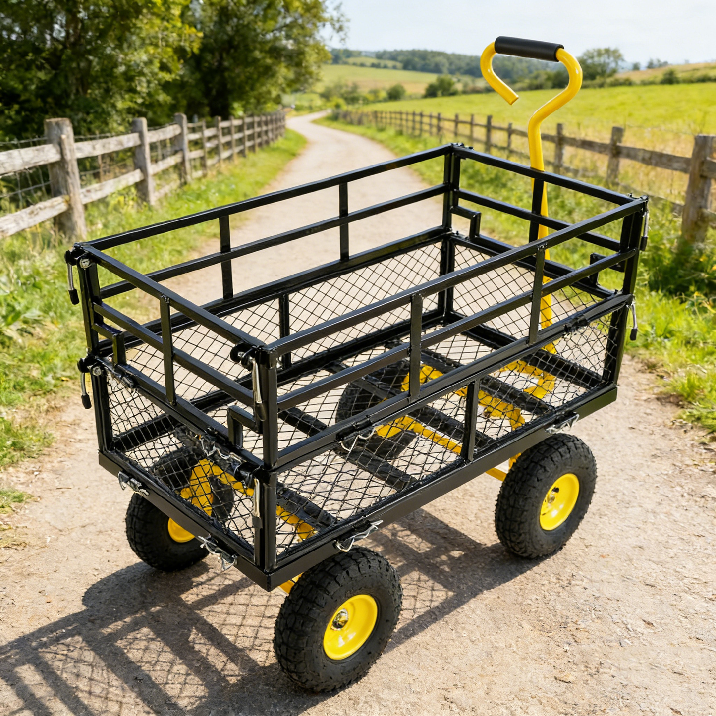 Outdoor Wagon by HouseOfZazla with yellow handle and metal mesh sides on Tampa Home & Garden Store