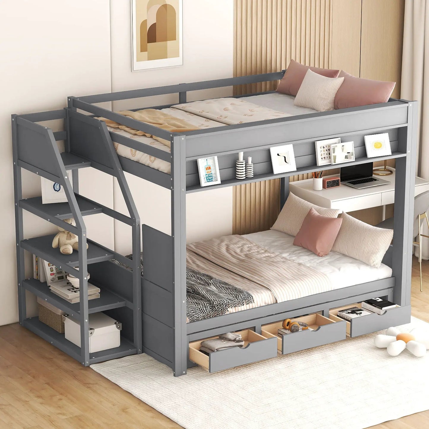 Wood Full Size Convertible Bunk Bed with Storage