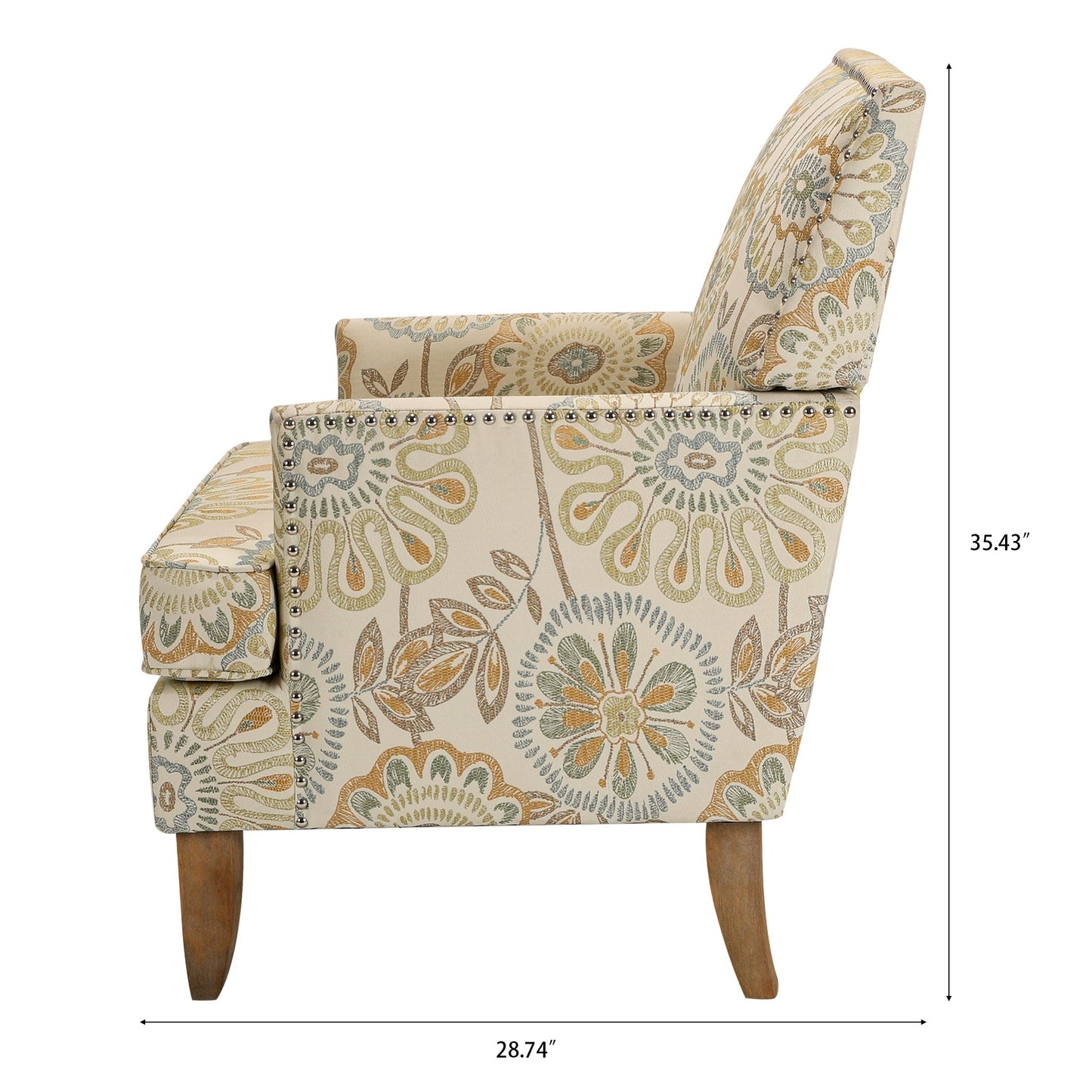 Accent chair with beige floral upholstery, multicolor pattern, nailhead trim, wooden legs on Tampa Home & Garden Store