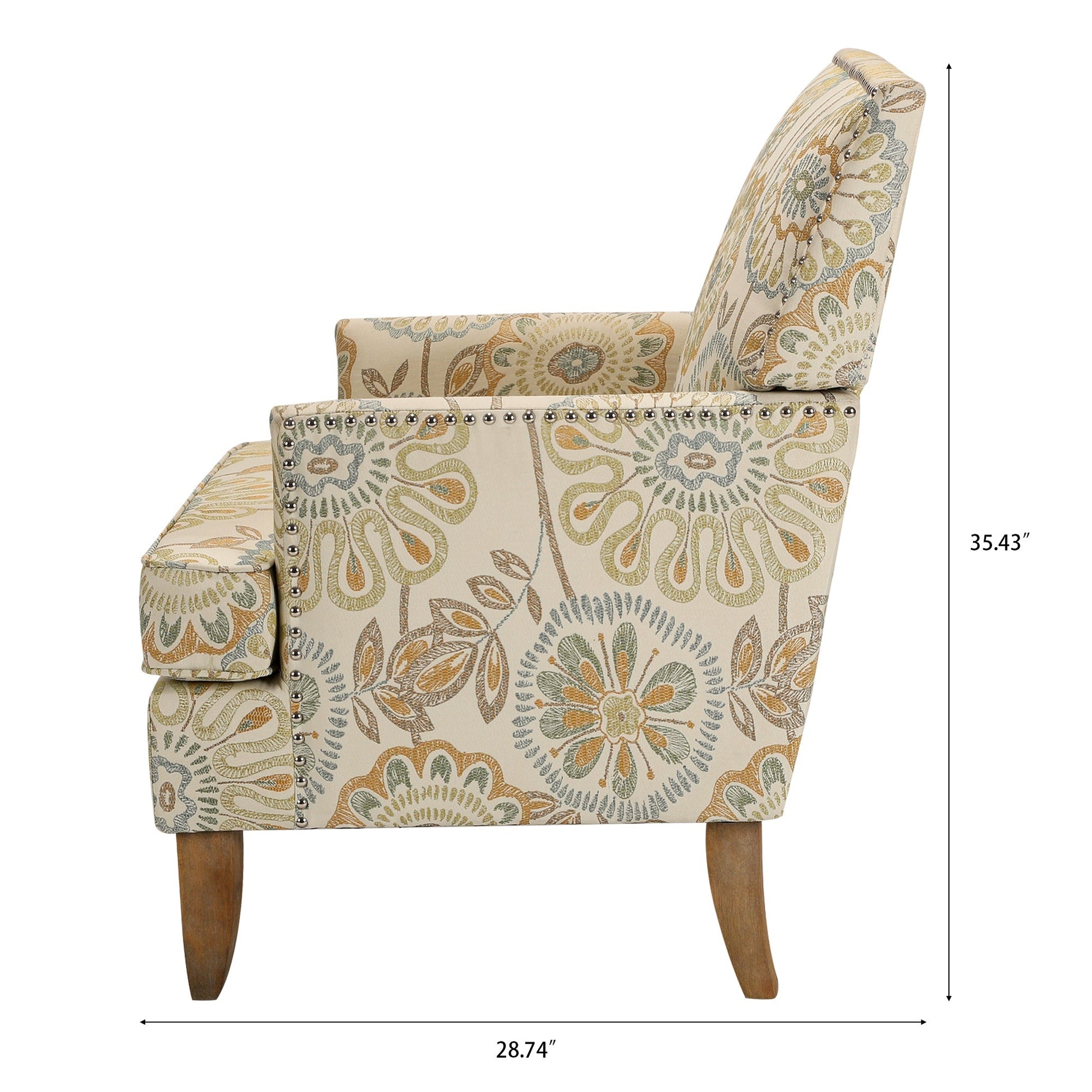 Accent chair with beige floral upholstery, multicolor pattern, nailhead trim, wooden legs on Tampa Home & Garden Store