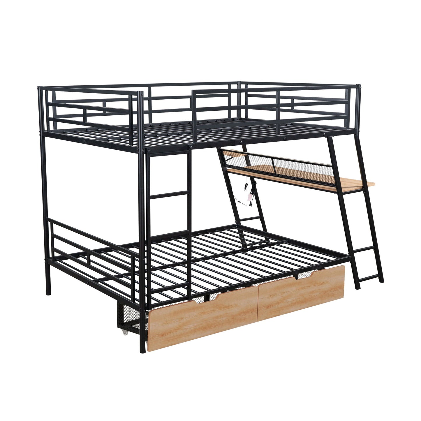 Full-size bunk bed frame in black metal with built-in desk and two drawers by HouseOfZazla on Tampa Home & Garden Store