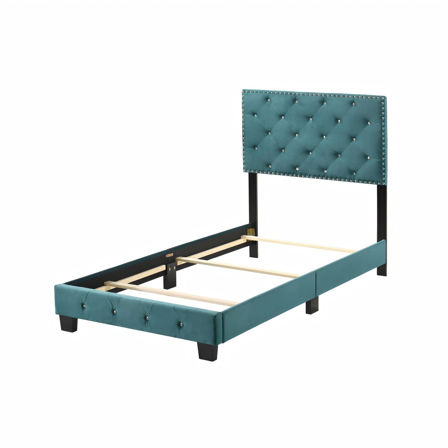 Luxurious Upholstered Bed teal tufted headboard with diamond stitching and studded edges HouseOfZazla on Tampa Home & Garden Store