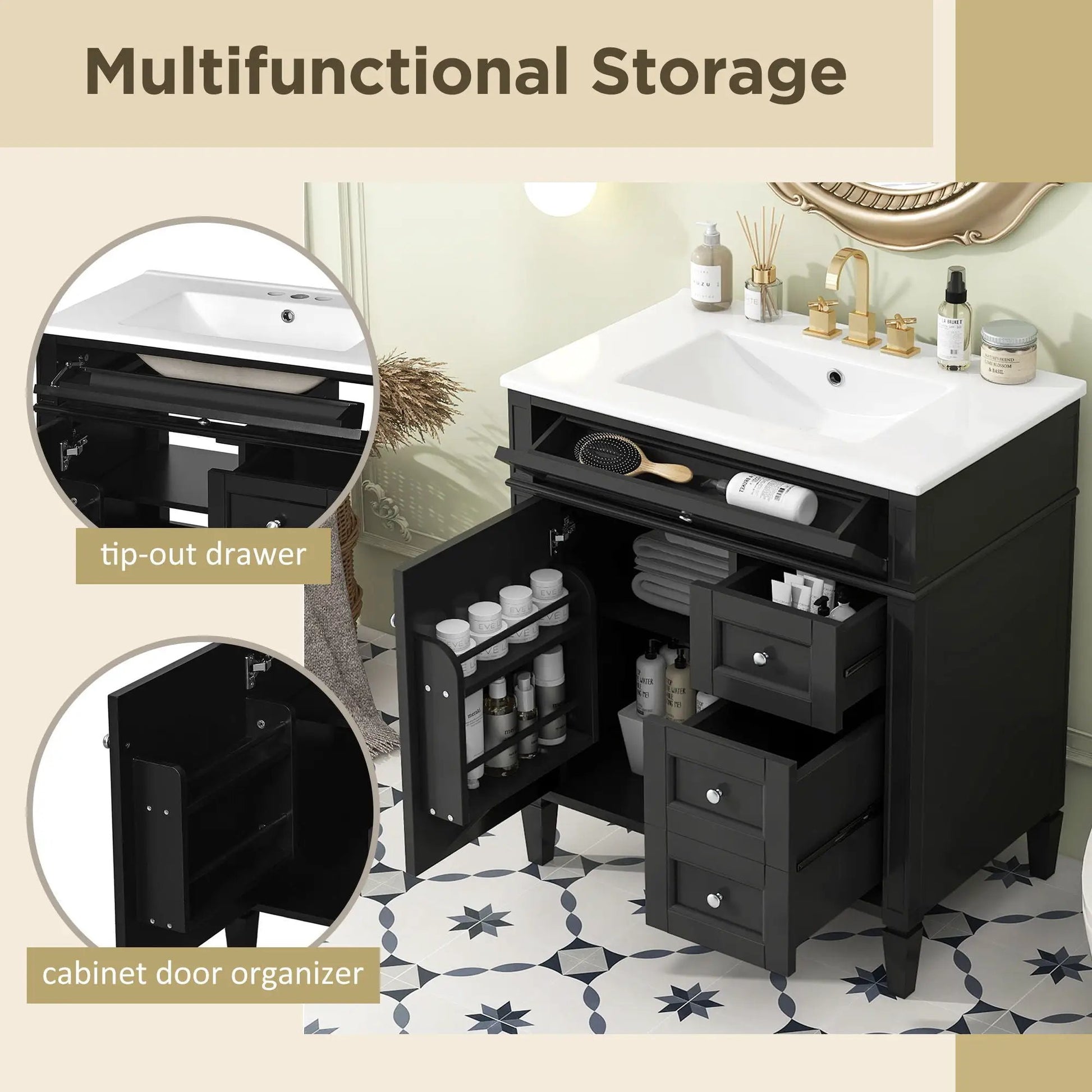 Bathroom vanity with top sink, black wood cabinet, white countertop, 2 drawers and tip-out drawer on Tampa Home & Garden Store