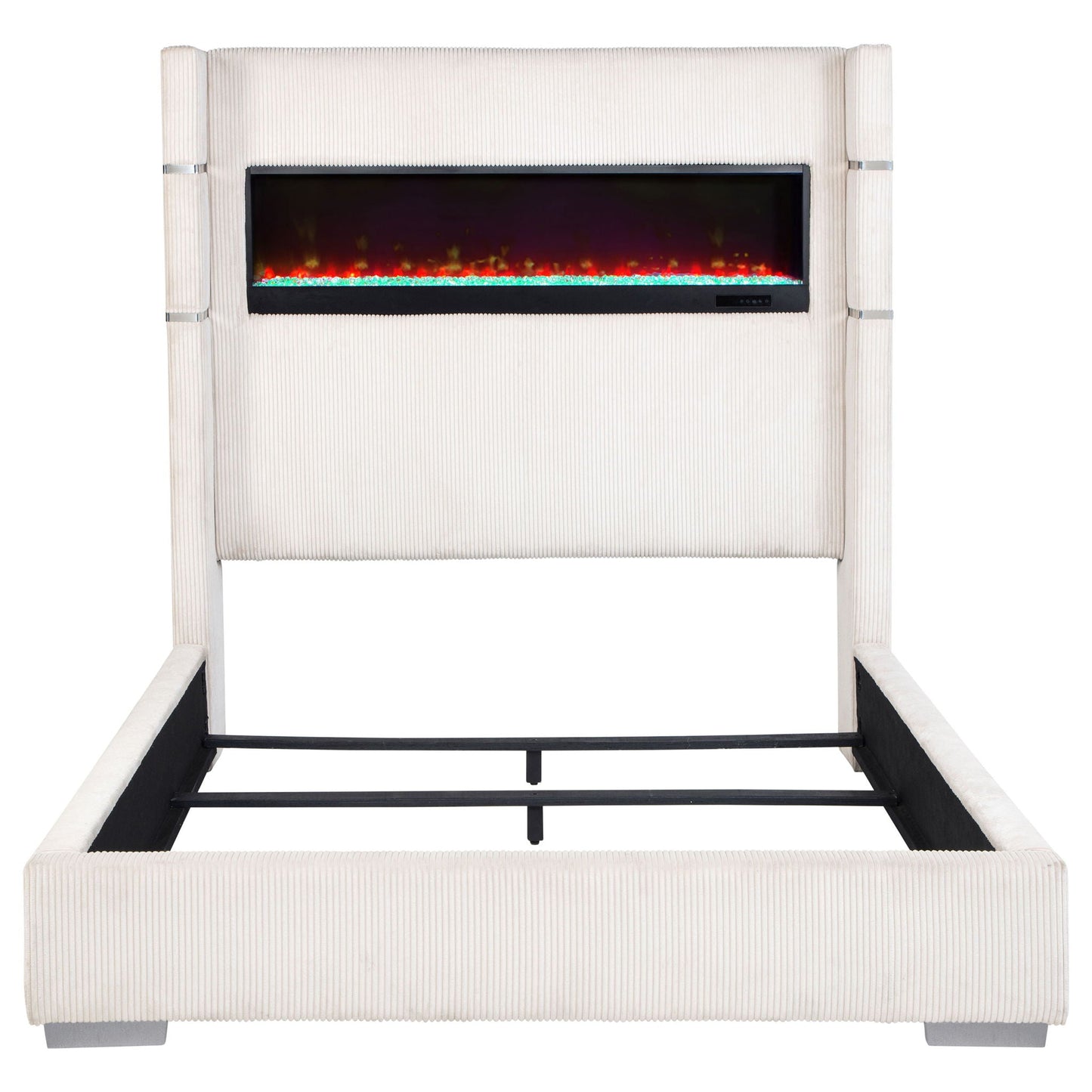 Judah Flame Visualizer Bed upholstered in beige corduroy with black metal frame on Tampa Home & Garden Store