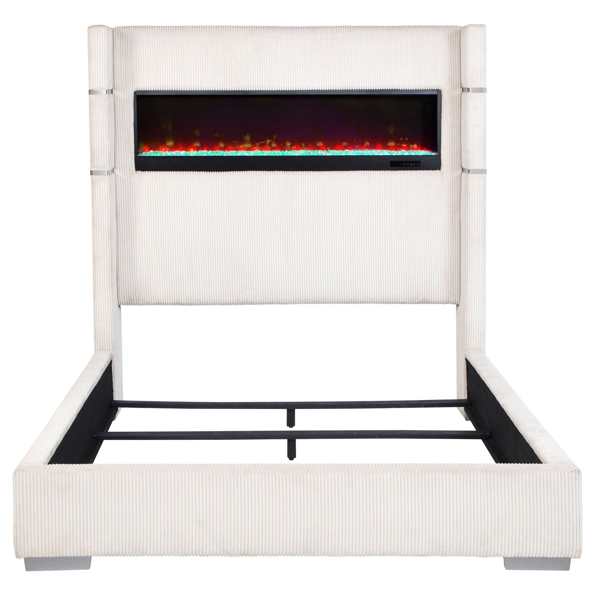 Judah Flame Visualizer Bed upholstered in beige corduroy with black metal frame on Tampa Home & Garden Store