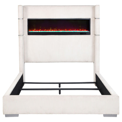 Judah Flame Visualizer Bed upholstered in beige corduroy with black metal frame on Tampa Home & Garden Store