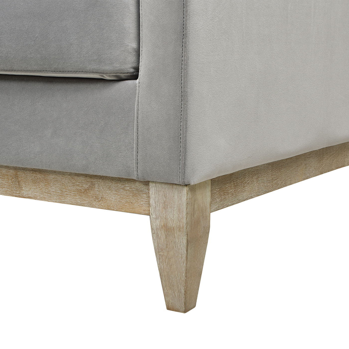Knox Modern Farmhouse Sofa gray fabric with natural wood tapered legs close-up on Tampa Home & Garden Store