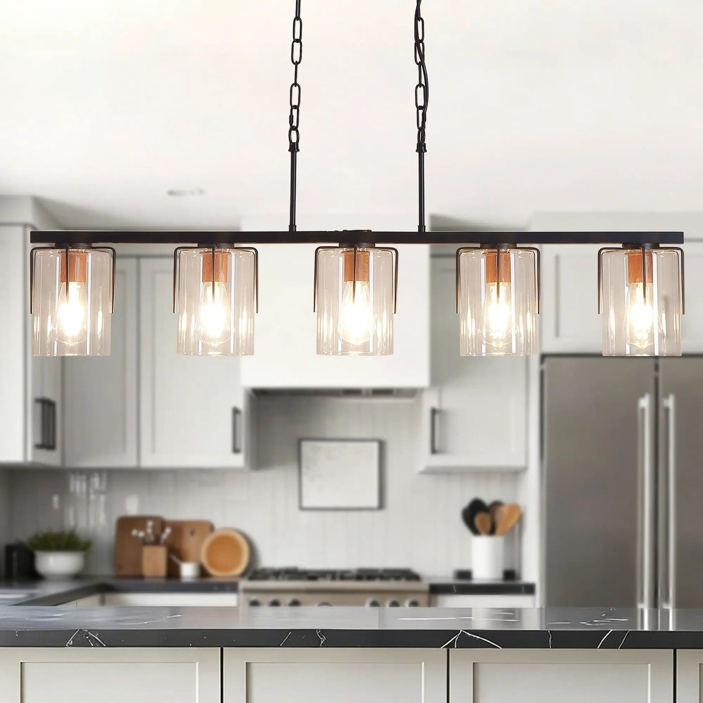 Adjustable Pendant Lighting with Wood Grain