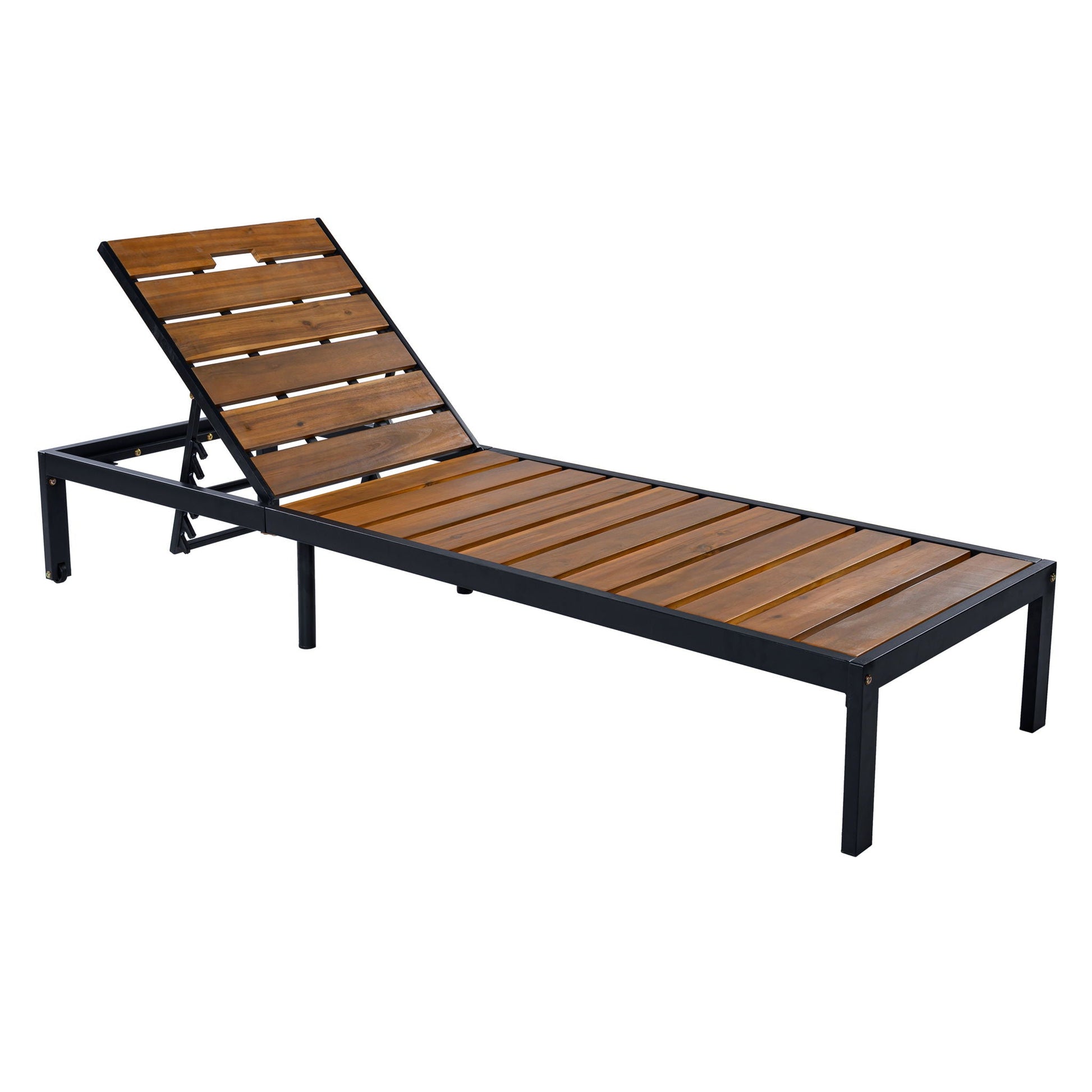 Outdoor Chaise With Adjustable Backrest in brown wood slats black frame HouseOfZazla on Tampa Home & Garden Store