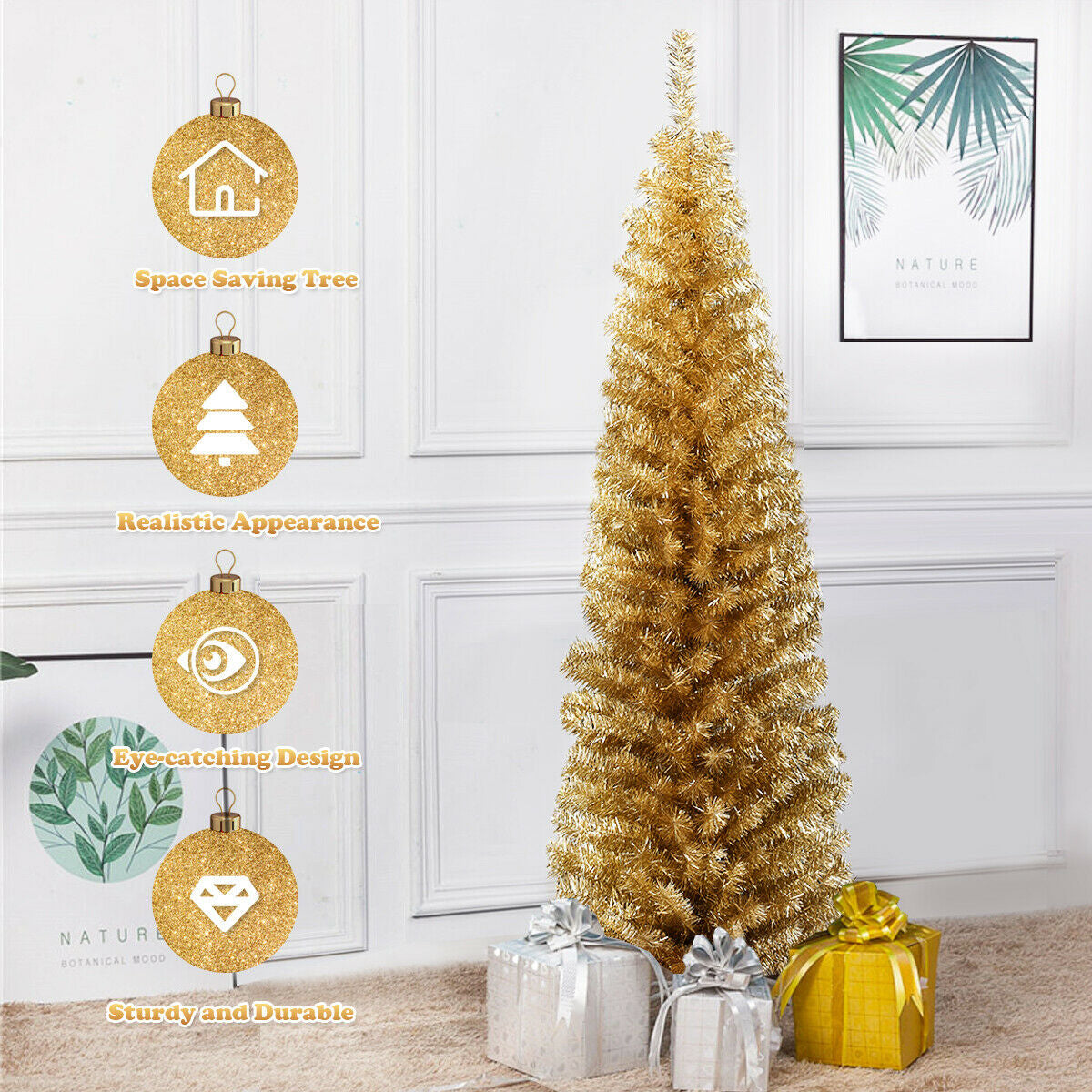 6 Feet Tinsel Tree Unlit Slim Pencil Christmas Tree DirectDeals gold artificial tree with gifts on Tampa Home & Garden Store