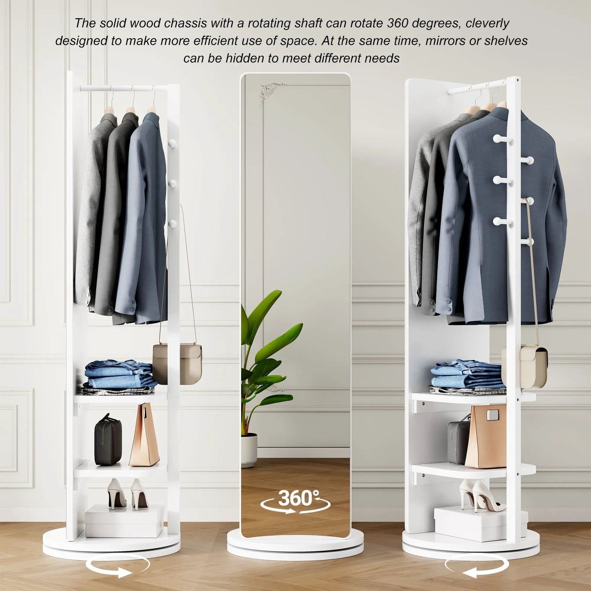3 In 1 Multifunctional Clothing Mirror, white storage mirror with 360° rotating stands on Tampa Home & Garden Store