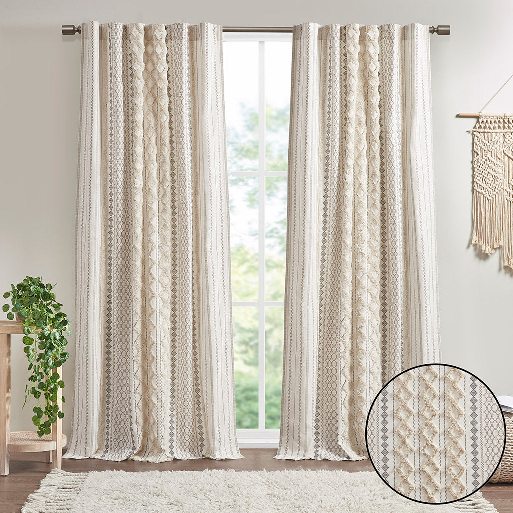 Cotton Printed Curtain Panel Ivory with chenille stripe and lining 50x84 HouseOfZazla on Tampa Home & Garden Store