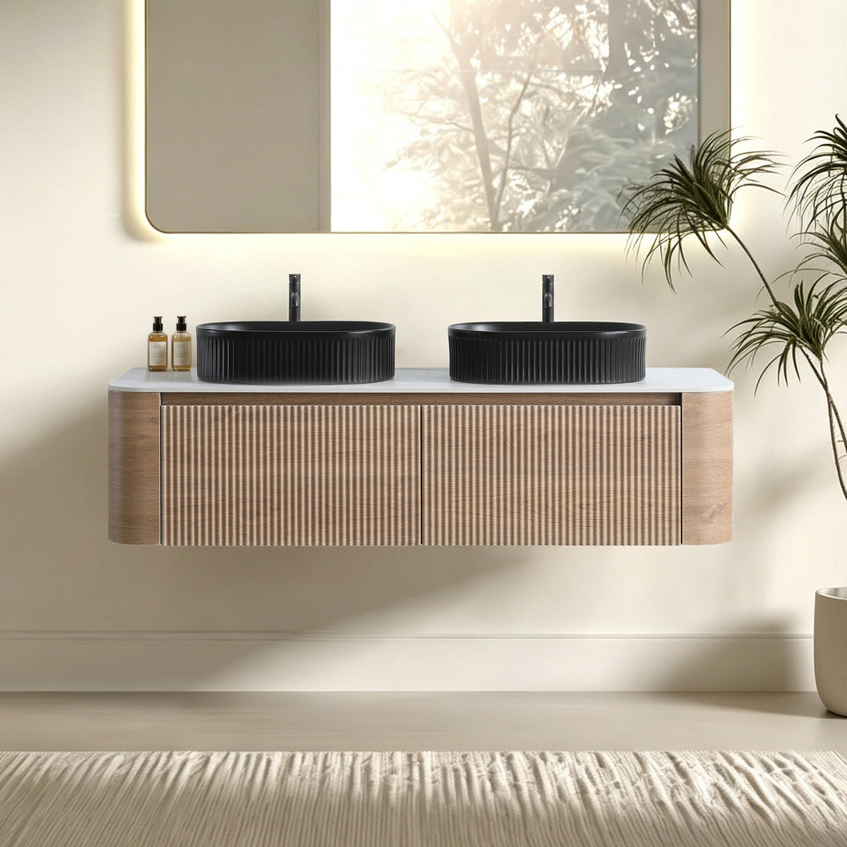 Erba 60 Inch Honey Oak bathroom vanity with black vessel sinks and ribbed drawers HouseOfZazla on Tampa Home & Garden Store