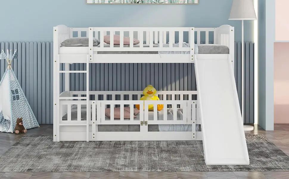 Low Bunk Bed With Slide Fence and Ladder
