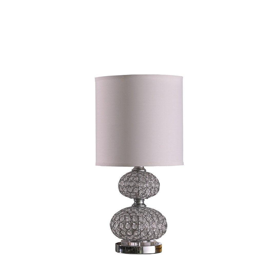 24in chrome filigree cage table lamp with two stacked crystal orb bases and a cream fabric shade on Tampa Home & Garden Store