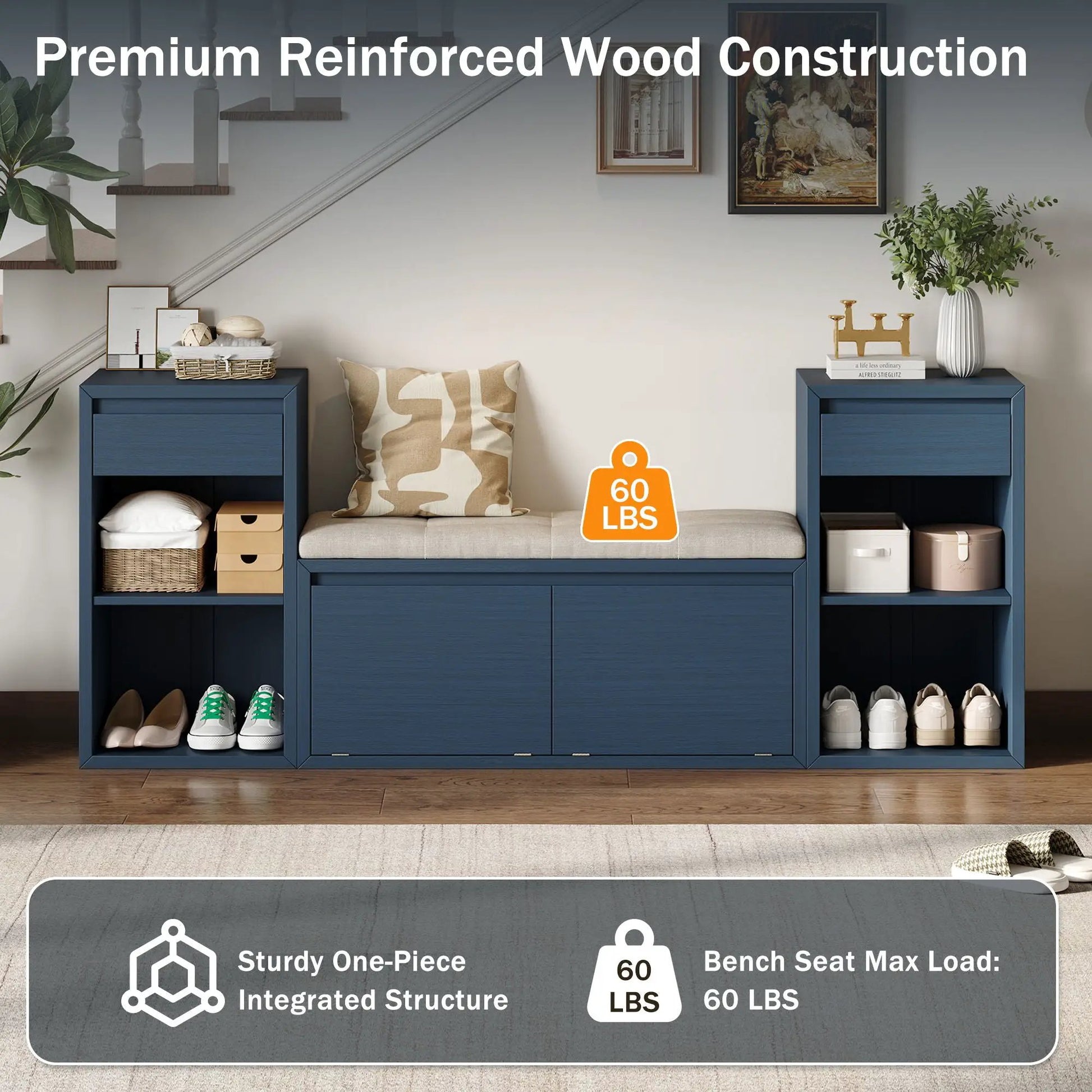 Entryway storage bench with cushion, blue wood finish, drawers and open shelves by Unique Piece on Tampa Home & Garden Store