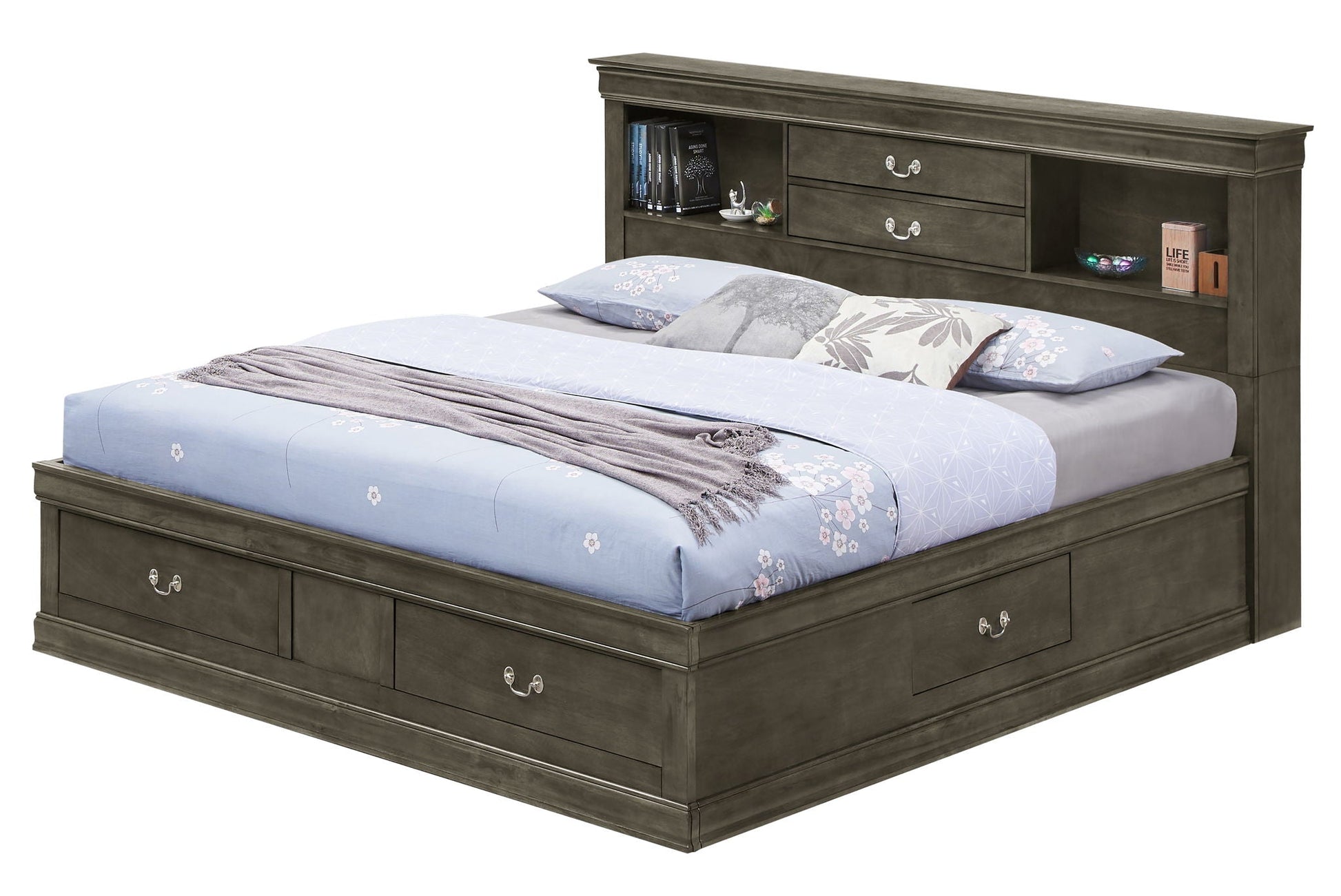 Traditional bookcase storage bed in dark espresso finish with built‑in shelves and drawers on Tampa Home & Garden Store
