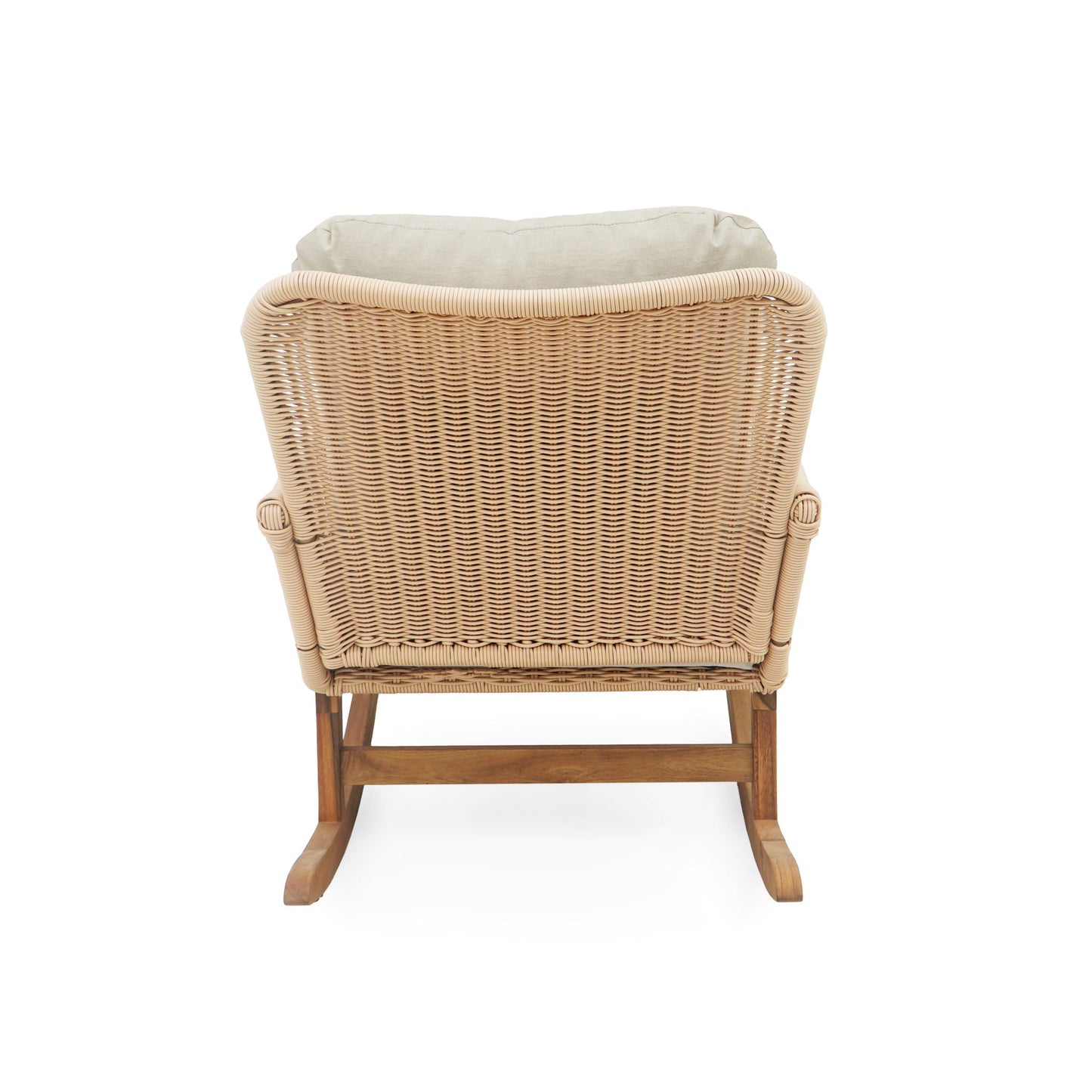 Contemporary Minimalist Wicker Rocking Chair with Beige Cushions, rattan weave by HouseOfZazla on Tampa Home & Garden Store