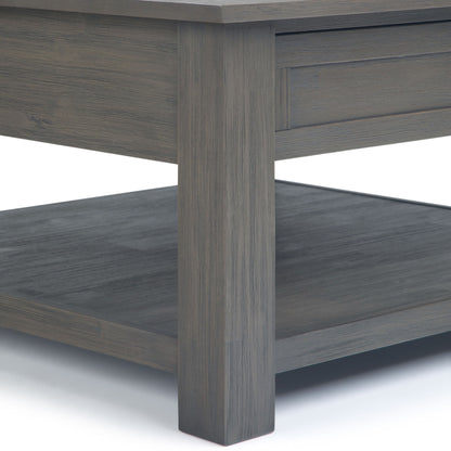 Monroe solid acacia side table close-up showing gray-washed wood grain and square leg on Tampa Home & Garden Store