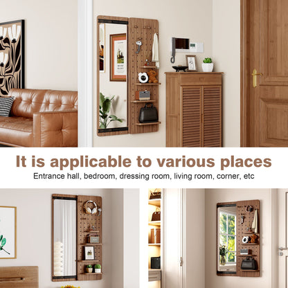 Full length wall mirror with pegboard storage panel and shelves in dark brown wood HouseOfZazla on Tampa Home & Garden Store