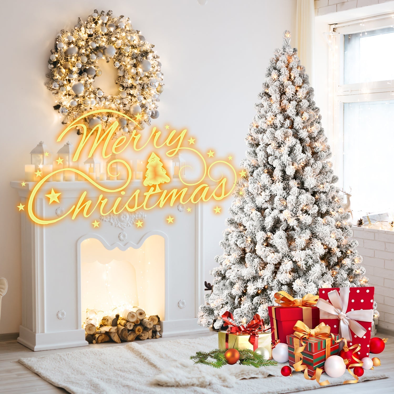 9-Foot Pre-Lit Snow-Flocked Christmas Tree with warm white lights on Tampa Home & Garden Store