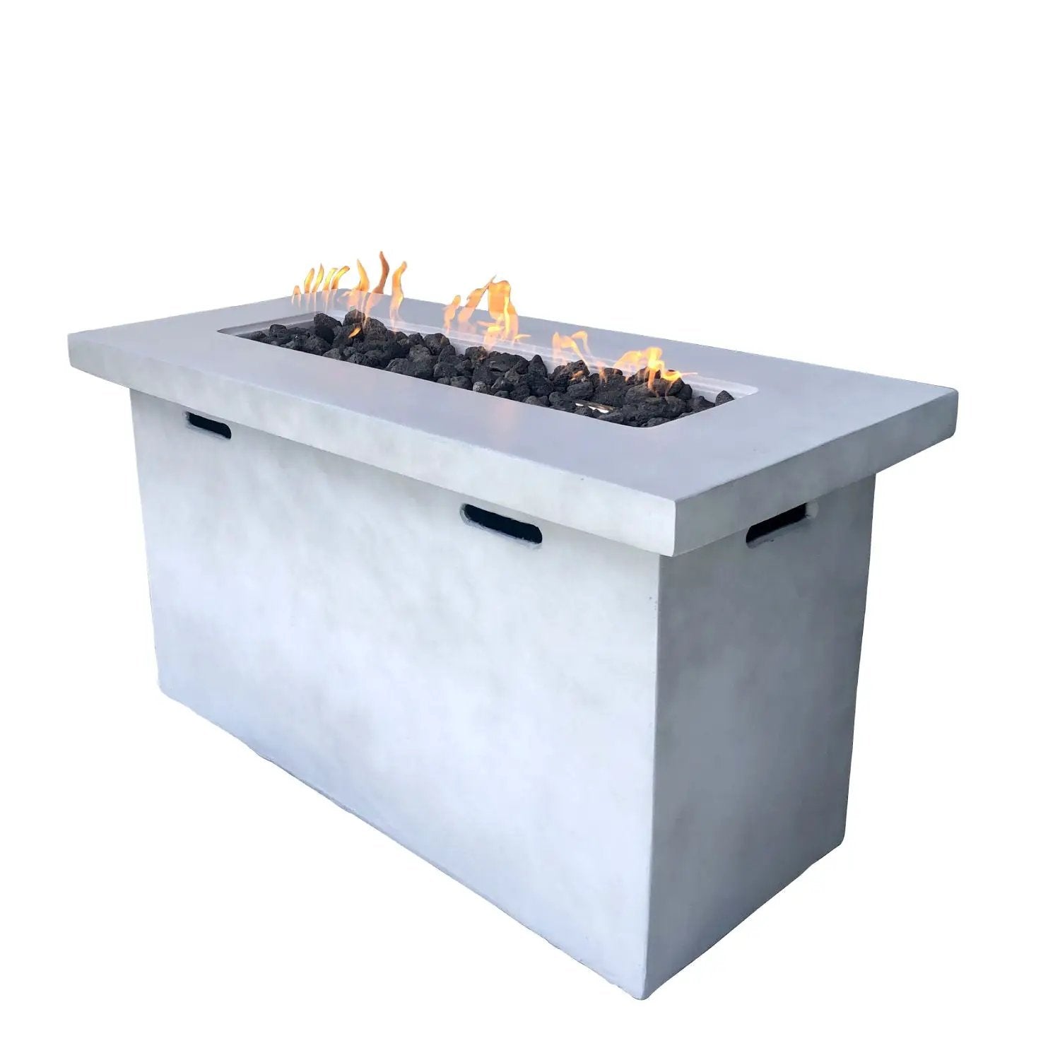 Reinforced propane outdoor fire pit table in white concrete with lava rock bed and flames on Tampa Home & Garden Store