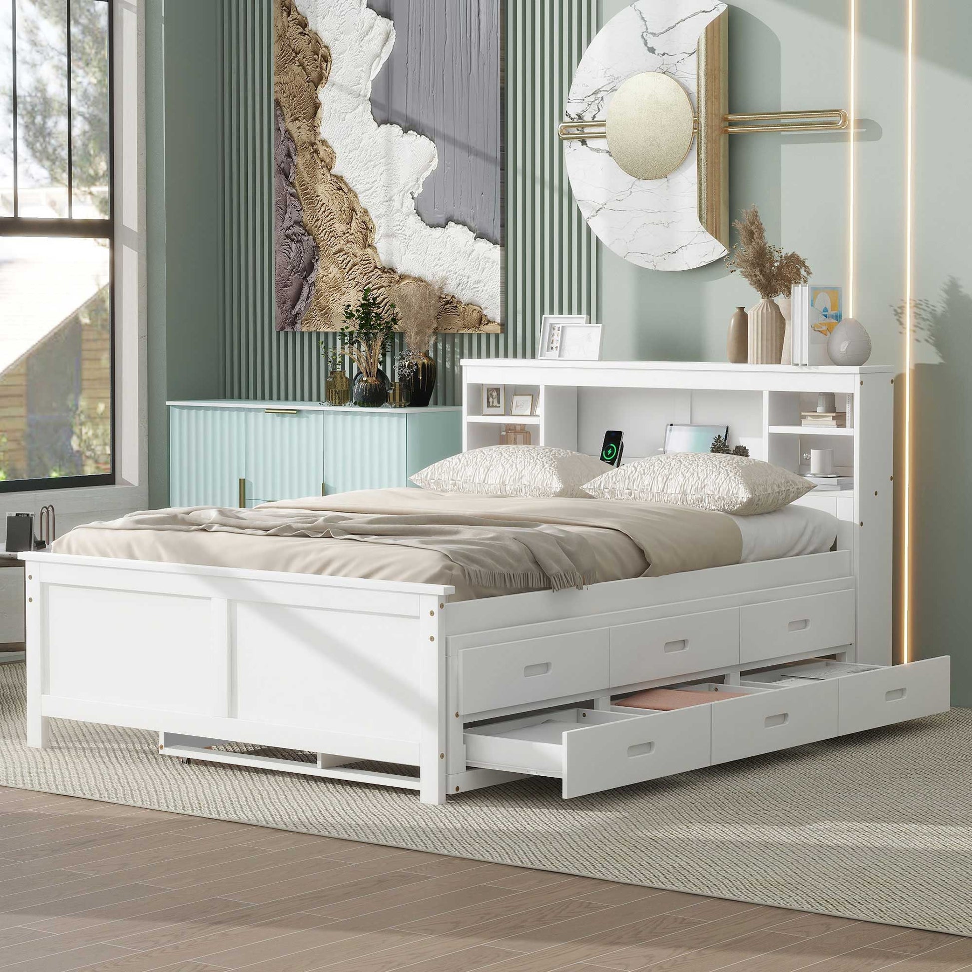 HouseOfZazla white platform bed with storage headboard, USB, trundle and 3 drawers on Tampa Home & Garden Store