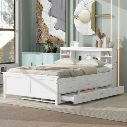 HouseOfZazla white platform bed with storage headboard, USB, trundle and 3 drawers on Tampa Home & Garden Store
