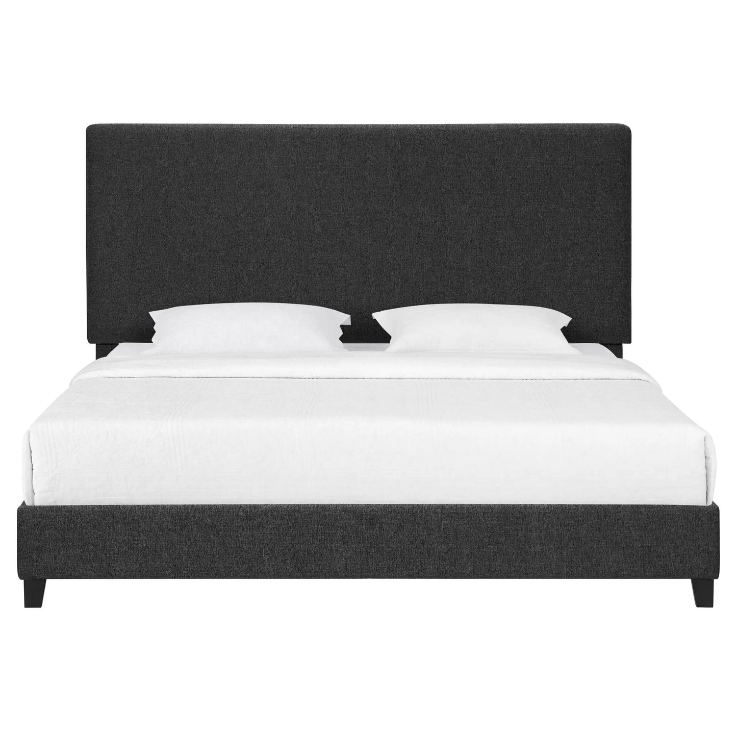 Platform bed with charcoal upholstered headboard from Unique Piece Furniture, white bedding on Tampa Home & Garden Store