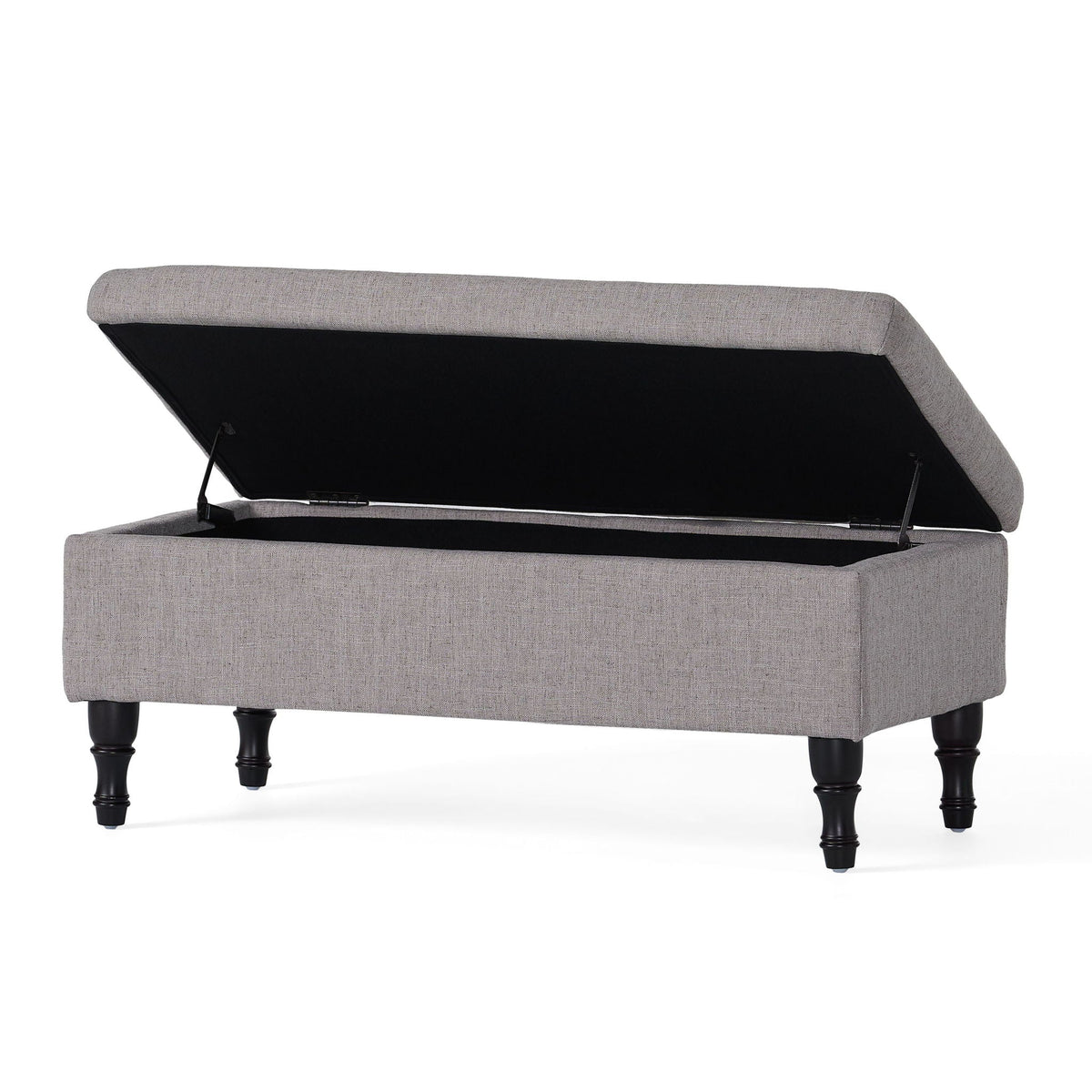 Wide tufted rectangle gray fabric storage ottoman with concealed storage and raised lid on Tampa Home & Garden Store