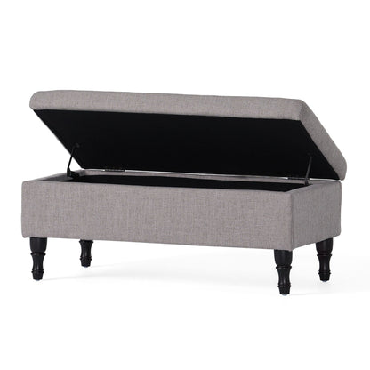 Wide tufted rectangle gray fabric storage ottoman with concealed storage and raised lid on Tampa Home & Garden Store